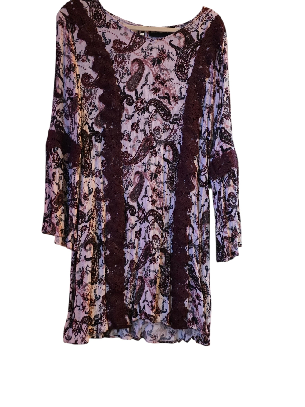 Long Sleeve Paisley Lace-Trim Dress Tunic - Purple